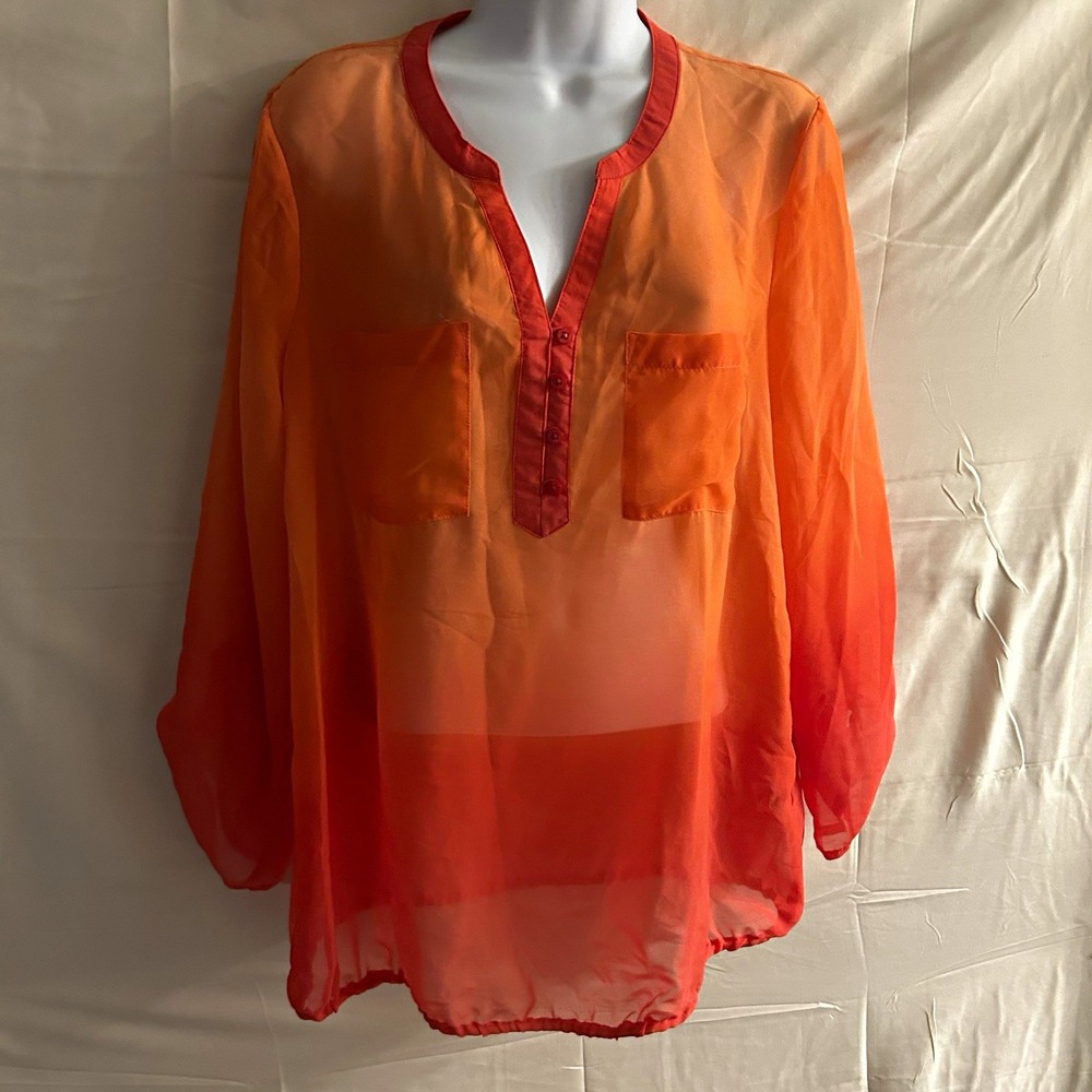 New Large Liz Claiborne Sheer Tangerine Blouse V-Neck Long Sleeve #1871*8
